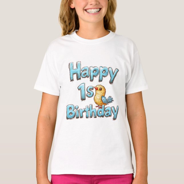 Camiseta Feliz primer cumpleaños - Ave azul y cumpleaños (Anverso)