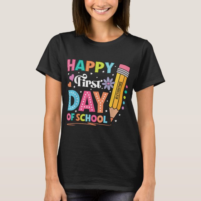 Camiseta Feliz primer día escolar, profesor de lápiz se vue (Anverso)
