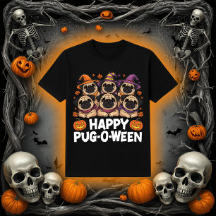 Camiseta Feliz Pug-O-Ween   Perros adorables de Halloween P