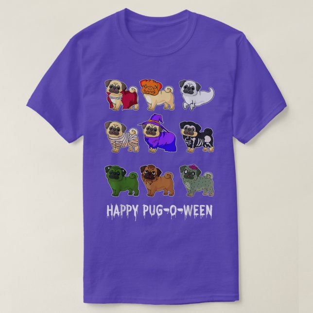 Camiseta Feliz Pugoween Pug Witch Zombie Skeleton Mummy Hal (Diseño del anverso)