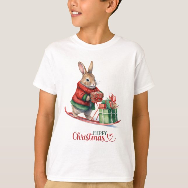 Camiseta Feliz Regalos de Conejo de Navidad en un Sleigh (Anverso)
