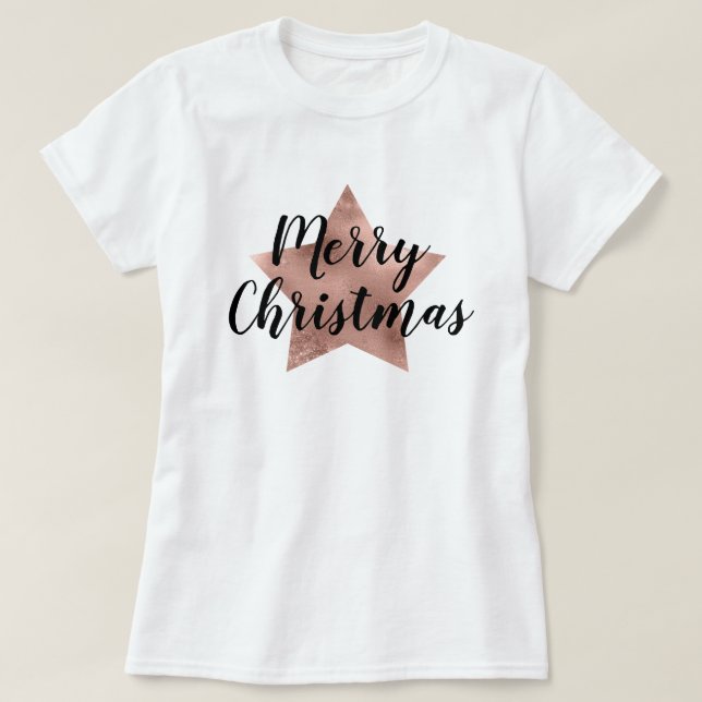 Camiseta Feliz Rosa navideño estrella rosada dorada (Diseño del anverso)
