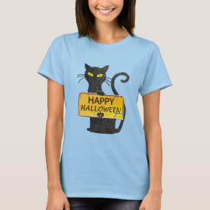 Camiseta Feliz Rótulo Rústico de Gato Negro de Halloween