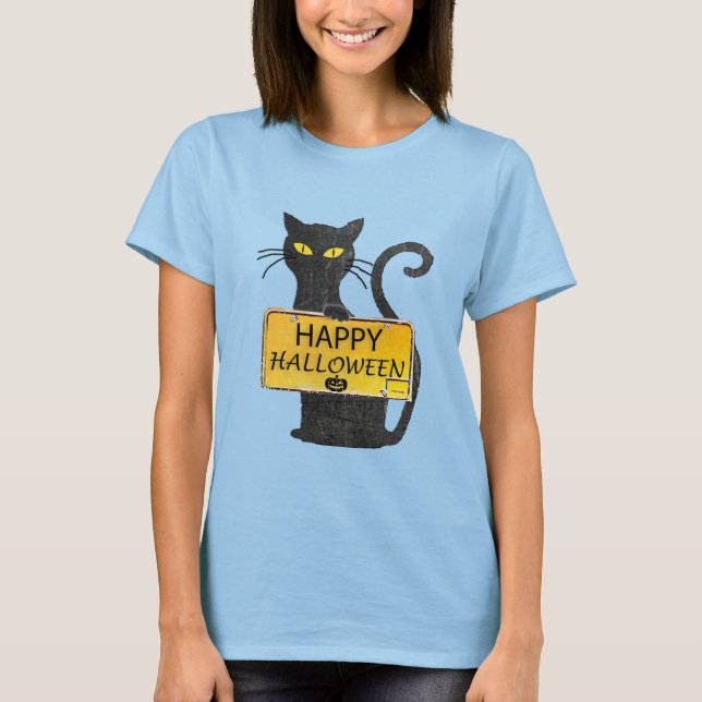 Camiseta Feliz Rótulo Rústico de Gato Negro de Halloween (Anverso)
