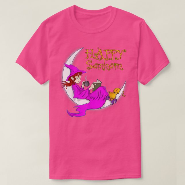 Camiseta Feliz Samhain Purple Witch libros café cats moon (Diseño del anverso)