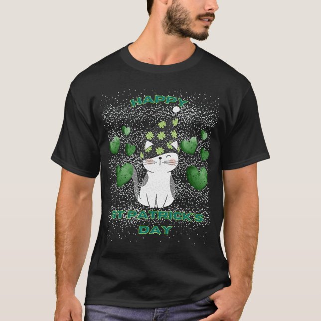 Camiseta feliz san gato del día de Patrick luz de corazones (Anverso)