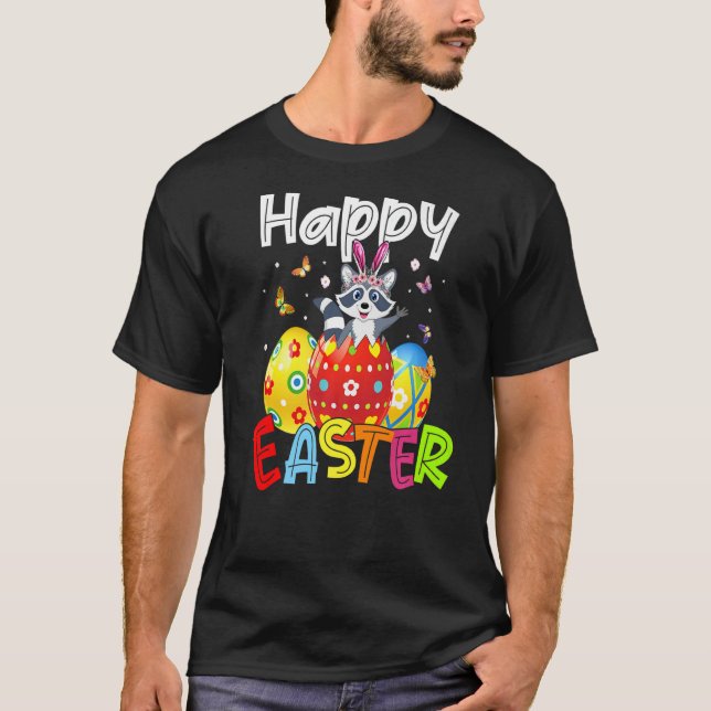 Camiseta Feliz Semana Santa Caza de Huevos Raccoon Conejo R (Anverso)
