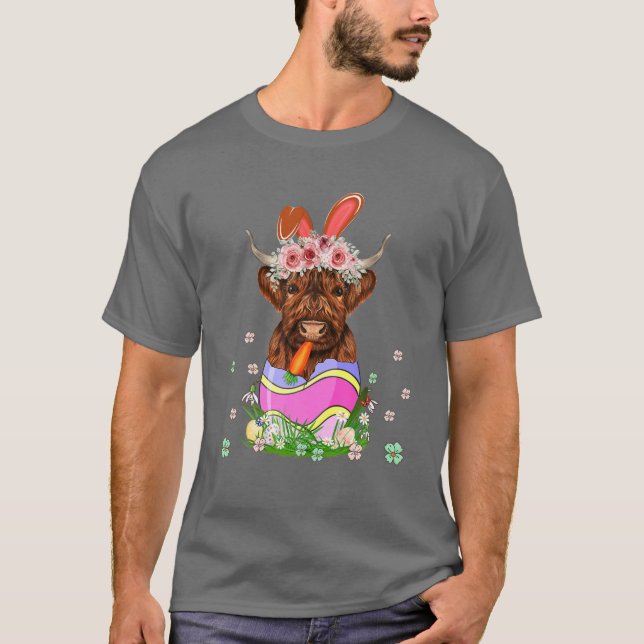 Camiseta Feliz Semana Santa Escocia Highland Cow Bunny Egg  (Anverso)