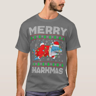 Camiseta Feliz Sharkmas navideño ilumina el feo Cristo de l