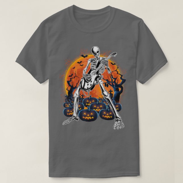 Camiseta Felíz Skeleton de Halloween Tocando Calabaza de Gu (Diseño del anverso)