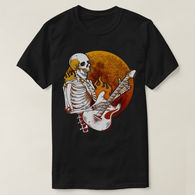 Camiseta Feliz Skeleton Guitarra Eléctrica Guy Spooky Hallo (Diseño del anverso)