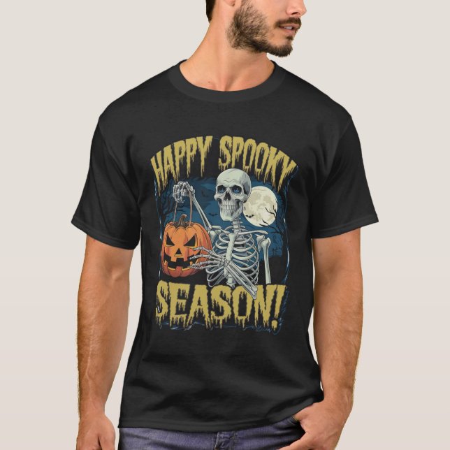 Camiseta Feliz temporada de fantasía" Skeleton con calabaza (Anverso)