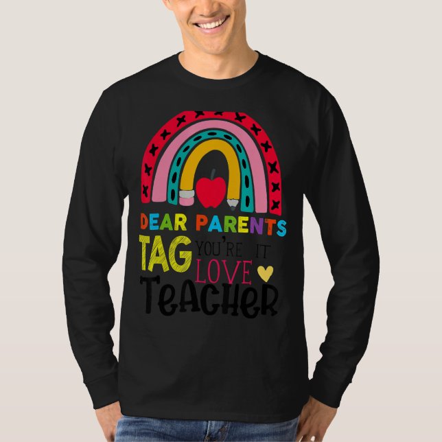 Camiseta Feliz último día de los queridos padres etiqueta e (Anverso)