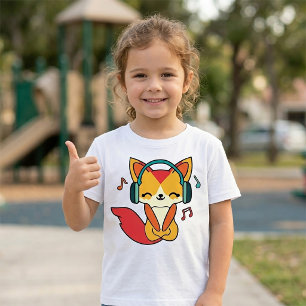 Camiseta Feliz zorro con auriculares escuchando música.