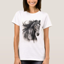 Camiseta femenina con un caballo negro en huelga