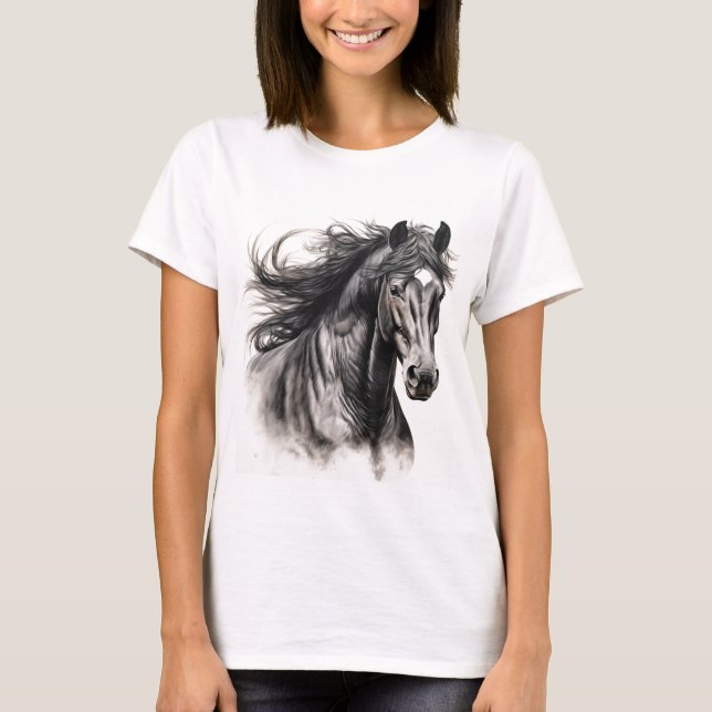 Camiseta femenina con un caballo negro en huelga (Anverso)
