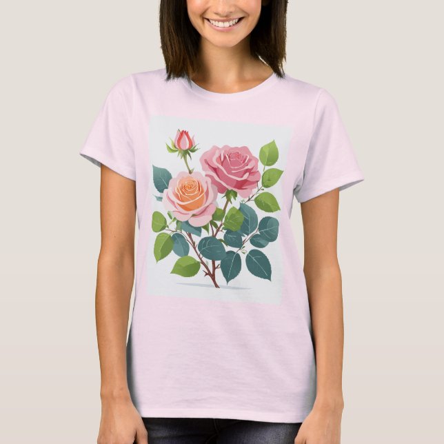 Camiseta femenina con unas cuantas rosas rosadas (Anverso)