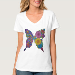 Camiseta femenina de cuello en V con mariposa flor