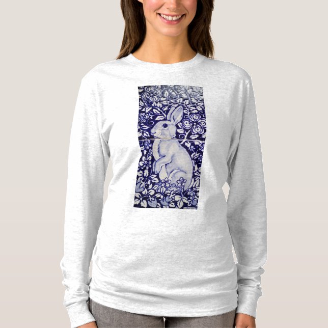 Camiseta femenina de Dedham China conejo azul y bl (Anverso)