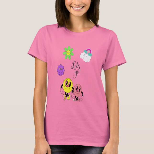 Camiseta femenina de Emoji corta - Amigos rosas y  (Anverso)