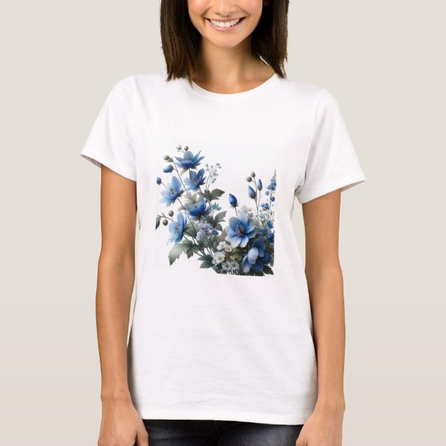 Camiseta femenina de flores azules (Anverso)