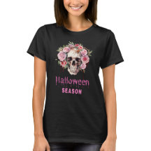 Camiseta femenina de Halloween con cráneo y rosas 