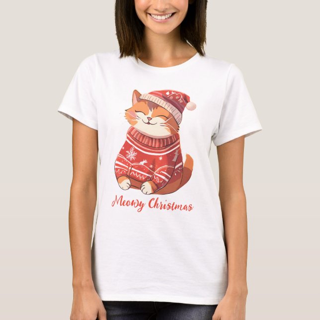 Camiseta femenina de Navidades Meowy con gato fest (Anverso)