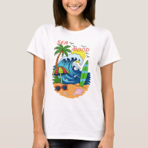 Camiseta femenina de ola y palmera