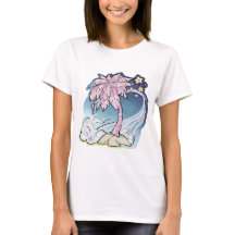 Camiseta femenina de palma rosa y pájaro azul