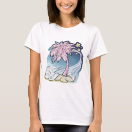 Camiseta femenina de palma rosa y pájaro azul