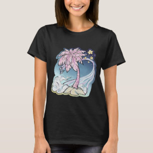 Camiseta femenina de palma rosa y pájaro azul