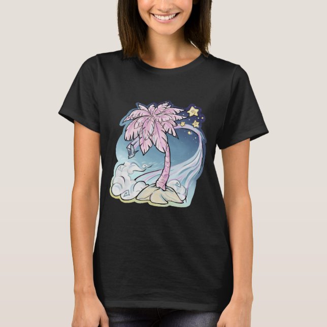 Camiseta femenina de palma rosa y pájaro azul (Anverso)
