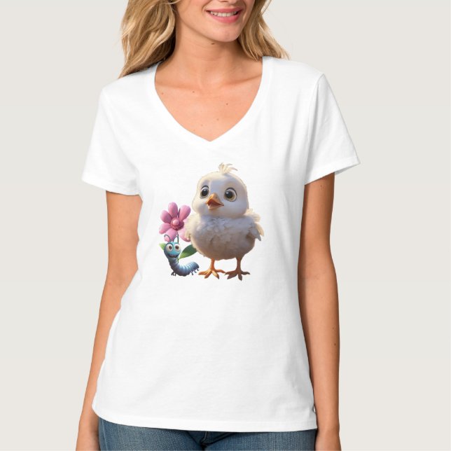 Camiseta Feminina Básica Pintinho Gola em V 3D (Anverso)