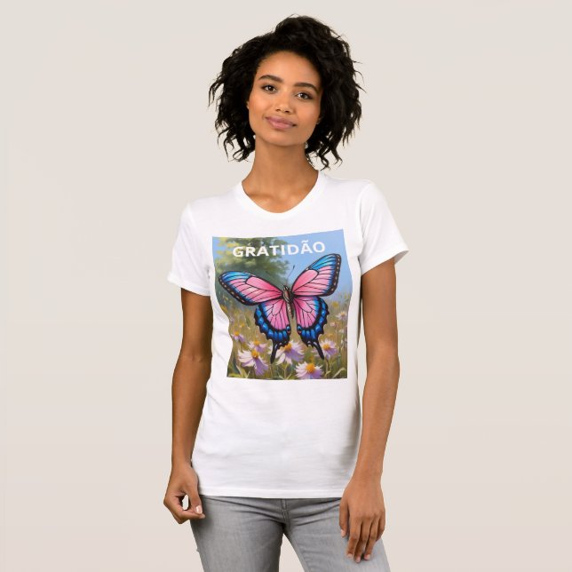 Camiseta feminina justa Bella+Canvas borboleta (Anverso completo)