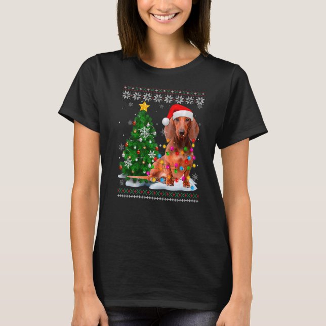 Camiseta Feo perro de Dachshund Santa Hat Árbol de Navidad  (Anverso)