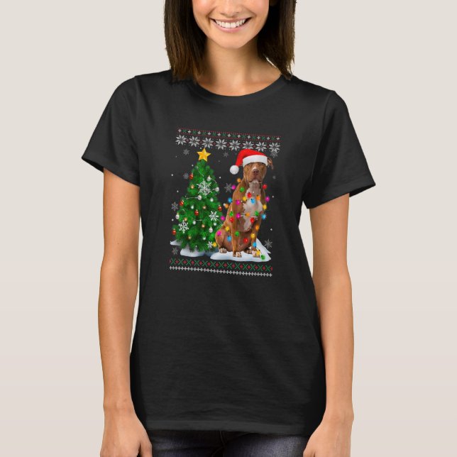 Camiseta Feo Perro Pitbull Santa Hat Árbol de Navidad Luz (Anverso)