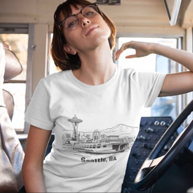 Camiseta Ferrocarril Seattle y Línea de Skyline Art Estado  (Seattle Ferry Washington State Line Art Women T-Shirt, travel, space needle, white shirt, travel)
