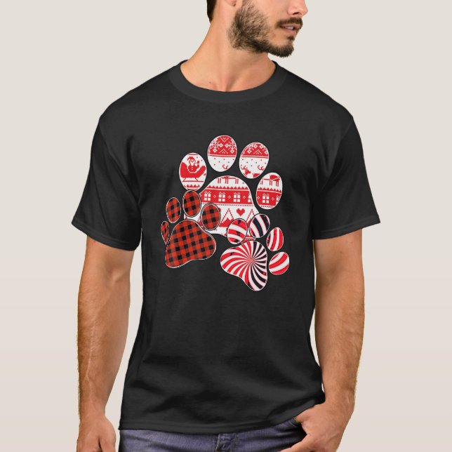Camiseta Ferry Christmas Red Plaid Candy Cane Dog Paw Print (Anverso)