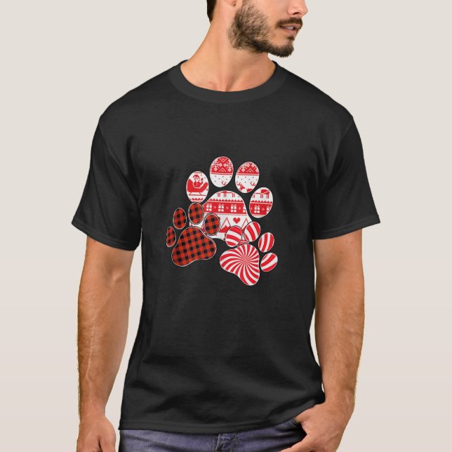 Camiseta Ferry Christmas Red Plaid Candy Cane Dog Paw Print (Anverso)