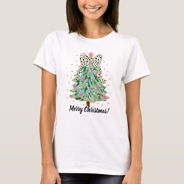 Camiseta festiva de árbol de Navidad con arco de c (Anverso)