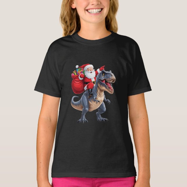 Camiseta festiva de dinosaurio y Santa Claus para  (Anverso)