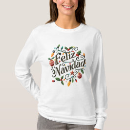 Camiseta Festive Retro Light Bulbs and Holly Feliz Navidad