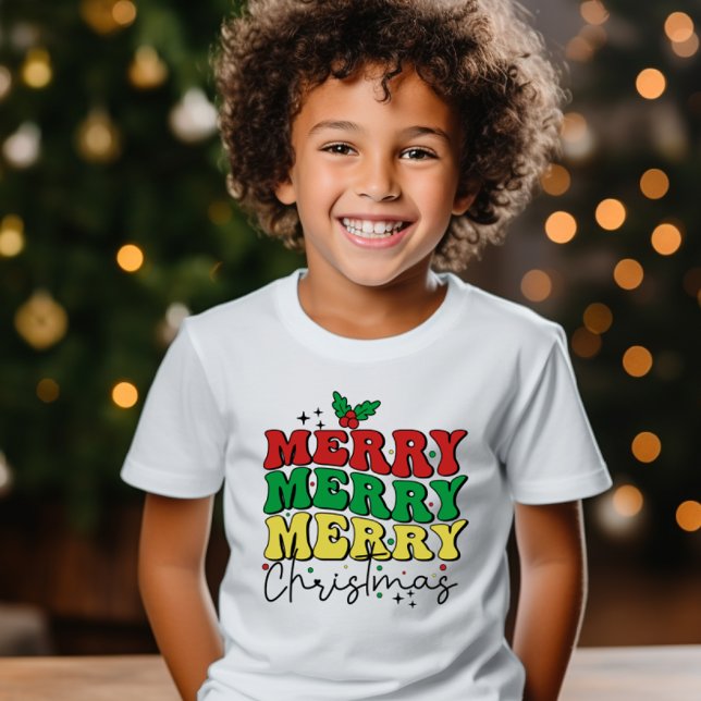 CAMISETA FESTIVE RETRO MERRY NAVIDAD FAMILIA (KIDS AND TODDLERS FESTIVE HOLIDAY OUTFIT WITH MERRY MERRY MERRY CHRISTMAS FAMILY MATCHING PIJAMAS)