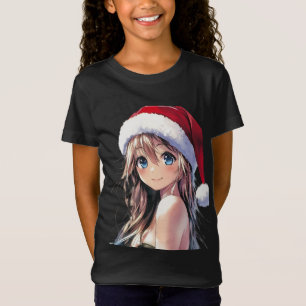 Camiseta Festividad de Chica de anime Santa Hat con ojos az