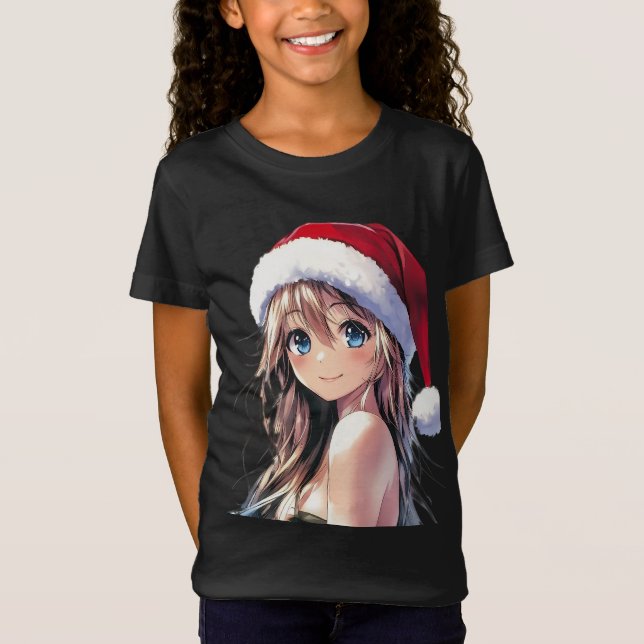 Camiseta Festividad de Chica de anime Santa Hat con ojos az (Anverso)
