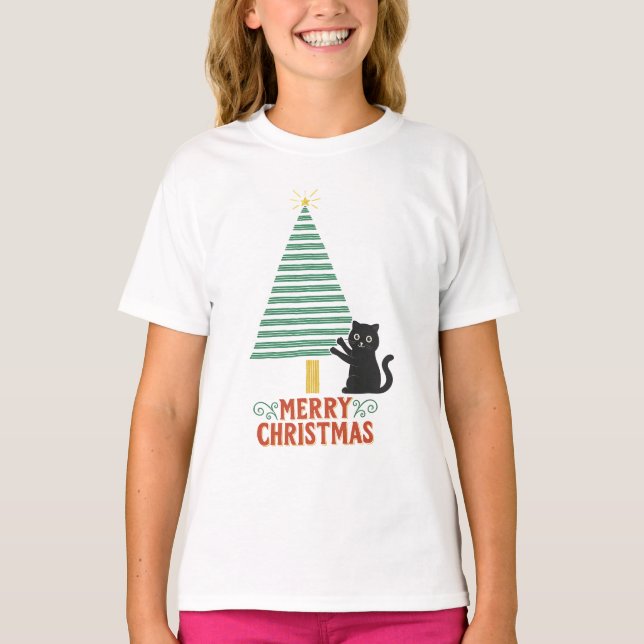 Camiseta Festividad del Árbol de navidad del gato negro lin (Anverso)