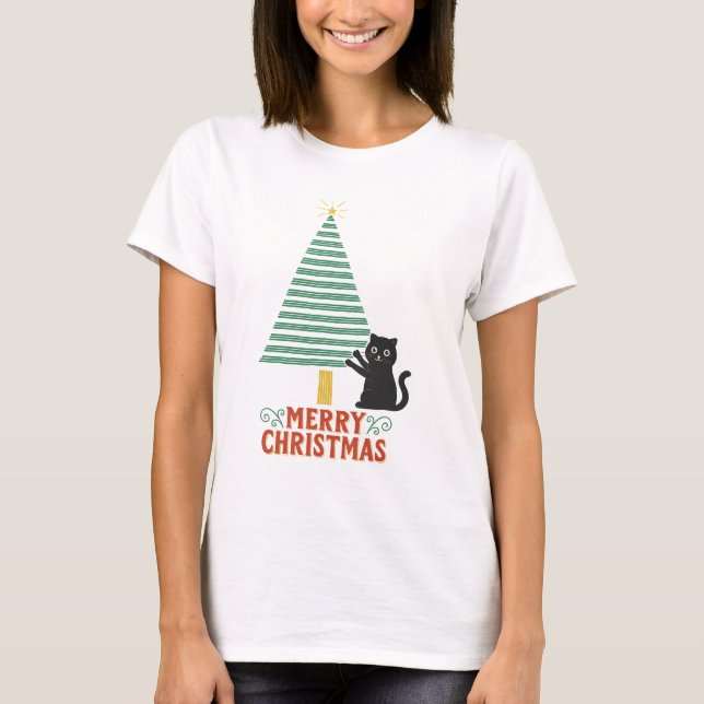 Camiseta Festividad del Árbol de navidad del gato negro lin (Anverso)
