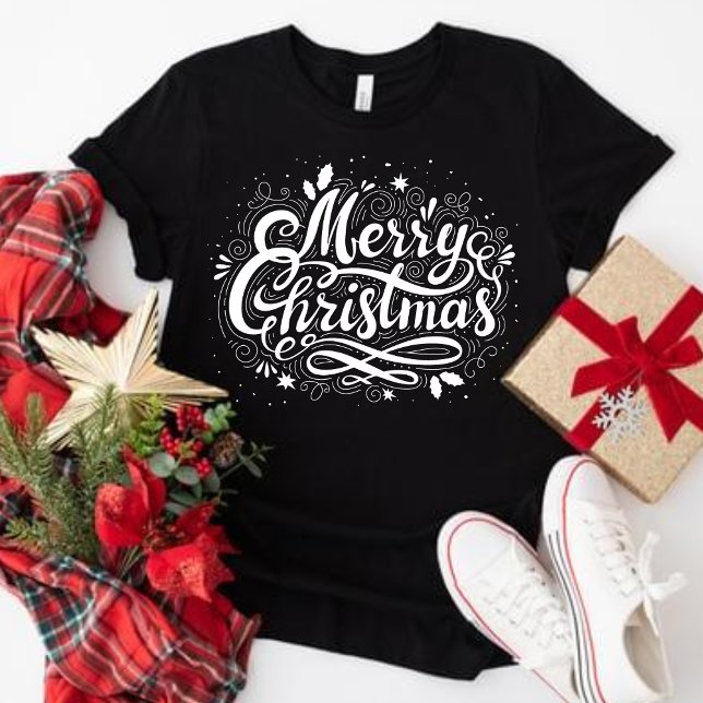 Camiseta Festividad navideña (Merry Christmas Women's Holiday T-Shirt in Black and White)
