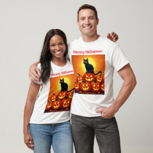 Camiseta Festividad otoño arte Halloween negro amigo felino