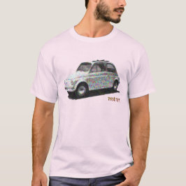 Camiseta Fiat 500 clásico en blanco sobre rosa claro